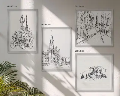 Set of 4 wall art pieces Simple drawings of city views