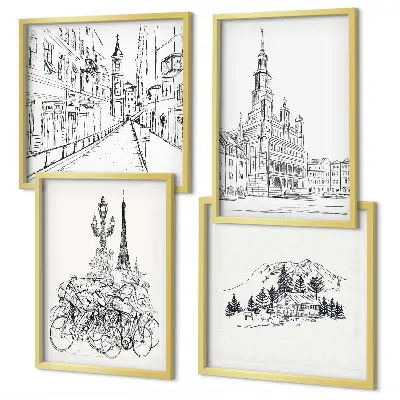 Set of 4 wall art pieces Simple drawings of city views