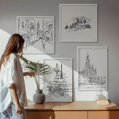 Set of 4 city view wall art prints simple drawings