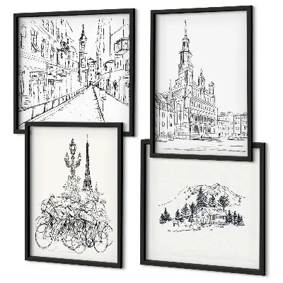 Set of 4 city view wall art prints simple drawings