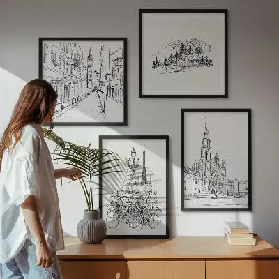Set of 4 wall art pieces Simple drawings of city views