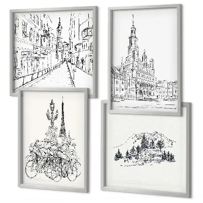 Set of 4 wall art pieces Simple drawings of city views