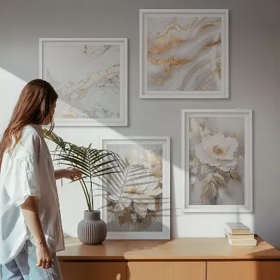 Wall art set with floral marble patterns on a light background