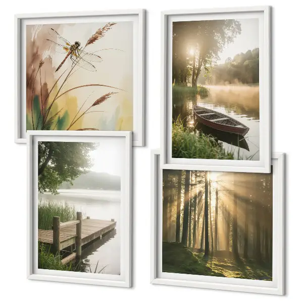 Set of 4 wall art pieces featuring a lake, forest, boat, and morning fog