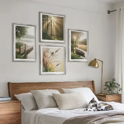 Set of 4 wall art pieces featuring a lake, forest, boat, and morning fog