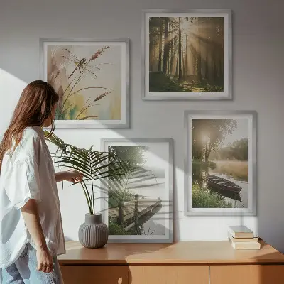 Set of 4 wall art pieces featuring a lake, forest, boat, and morning fog