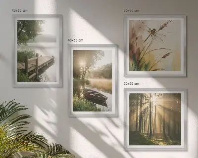 Set of 4 wall art pieces featuring a lake, forest, boat, and morning fog