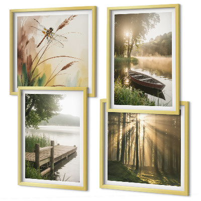 Set of 4 wall art pieces Lake, forest, boat, morning fog