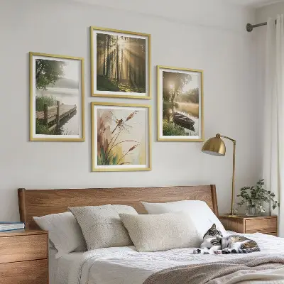 Set of 4 wall art pieces featuring a lake, forest, boat, and morning fog