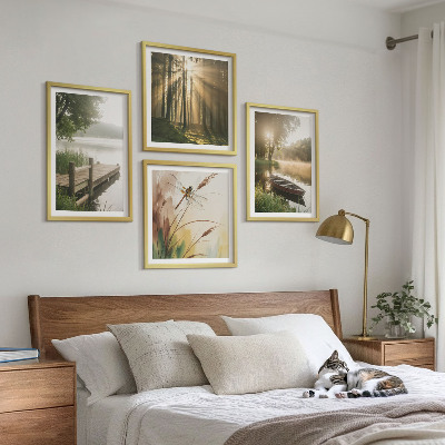 Set of 4 wall art pieces Lake, forest, boat, morning fog