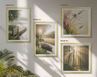 Set of 4 wall art pieces featuring a lake, forest, boat, and morning fog
