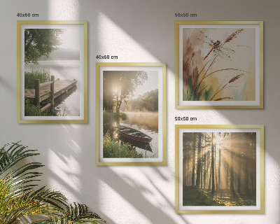 Set of 4 wall art pieces Lake, forest, boat, morning fog