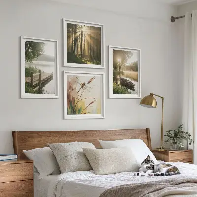 Set of 4 wall art pieces featuring a lake, forest, boat, and morning fog