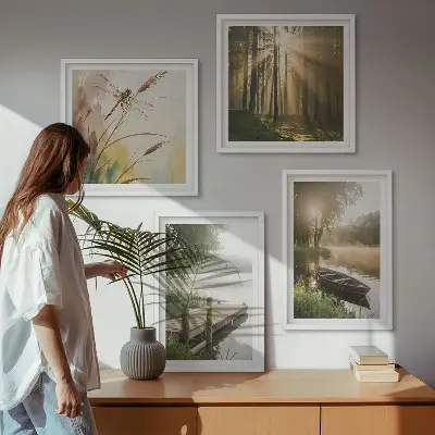 Set of 4 wall art pieces featuring a lake, forest, boat, and morning fog