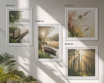 Set of 4 wall art pieces Lake, forest, boat, morning fog