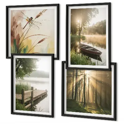 Set of 4 wall art pieces featuring a lake, forest, boat, and morning fog