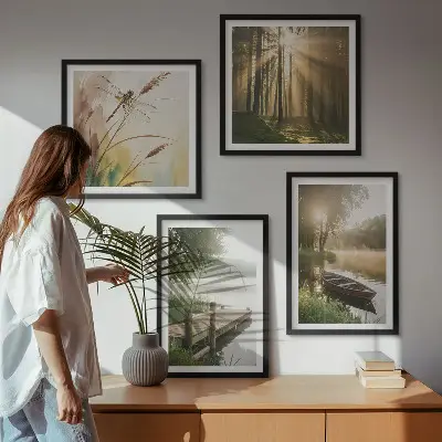 Set of 4 wall art pieces featuring a lake, forest, boat, and morning fog
