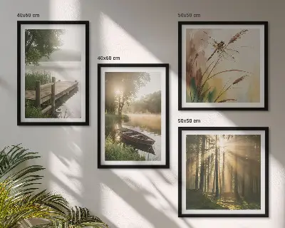 Set of 4 wall art pieces featuring a lake, forest, boat, and morning fog