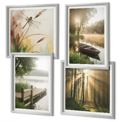 Set of 4 wall art pieces featuring a lake, forest, boat, and morning fog