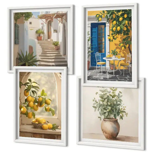 Set of 4 wall art pieces featuring lemons and town architecture