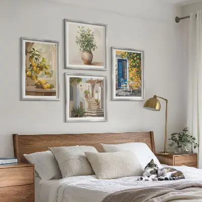 Set of 4 wall art pieces featuring lemons and town architecture