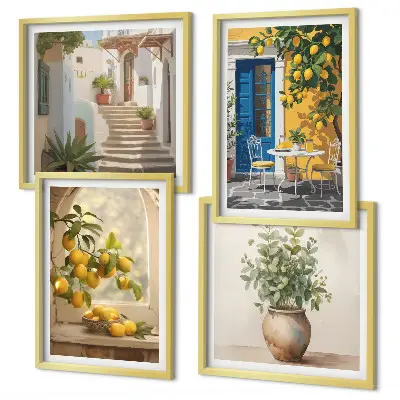 Set of 4 wall art pieces featuring lemons and town architecture