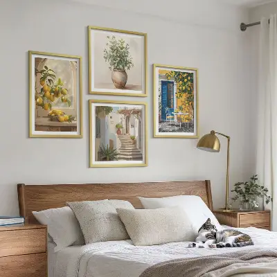 Set of 4 wall art pieces featuring lemons and town architecture