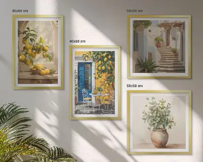 Set of 4 wall art pieces featuring lemons and town architecture