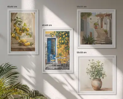 Set of 4 wall art pieces featuring lemons and town architecture