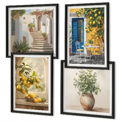 Set of 4 wall art pieces featuring lemons and town architecture