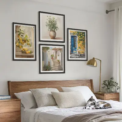 Set of 4 wall art pieces featuring lemons and town architecture