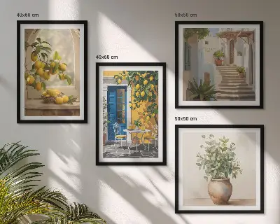 Set of 4 wall art pieces featuring lemons and town architecture