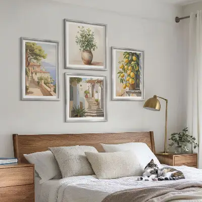 Multi-piece wall art set flowers in a vase with a sea of lemons