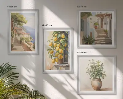 Multi-piece wall art set flowers in a vase with a sea of lemons