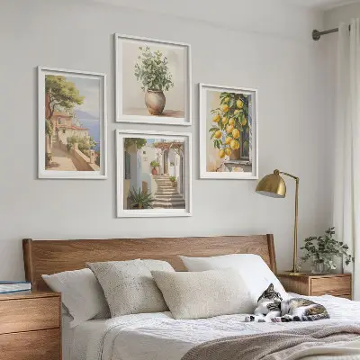 Multi-piece wall art set flowers in a vase with a sea of lemons