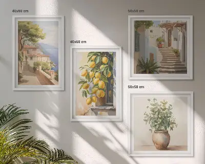 Multi-piece wall art set flowers in a vase with a sea of lemons