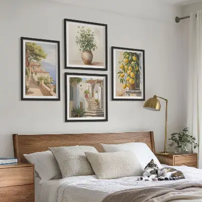Multi-piece wall art set flowers in a vase with a sea of lemons