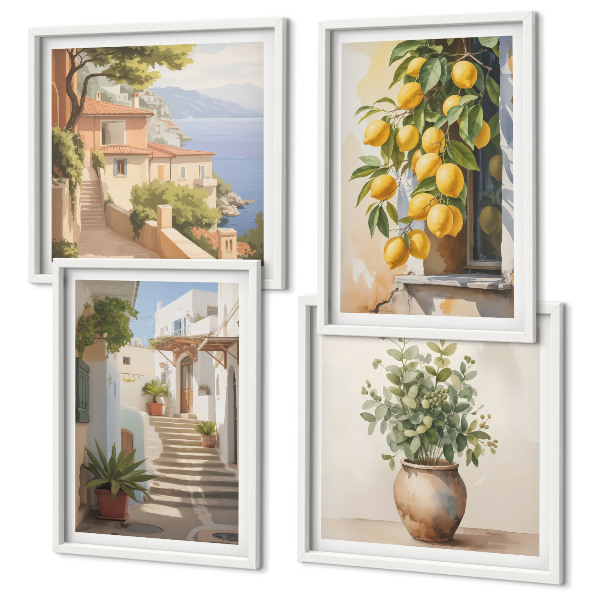 Set of 4 wall art pieces Plants in pots, lemons, street