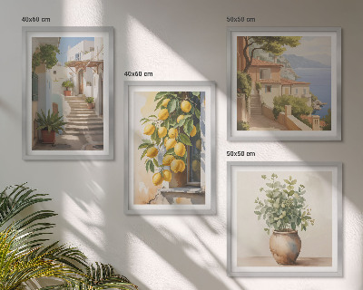 Set of 4 wall art pieces Plants in pots, lemons, street