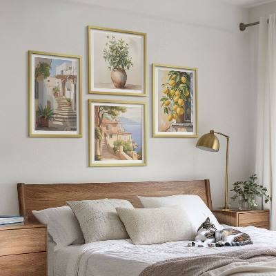 Set of 4 wall art pieces Plants in pots, lemons, street