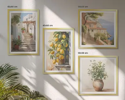 Set of 4 wall art pieces featuring potted plants, lemons, and street scenes