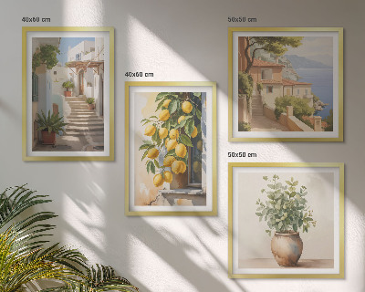 Set of 4 wall art pieces Plants in pots, lemons, street
