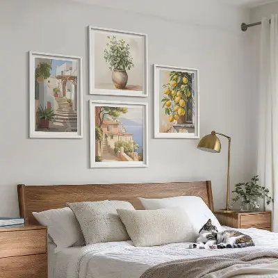 Set of 4 wall art pieces featuring potted plants, lemons, and street scenes