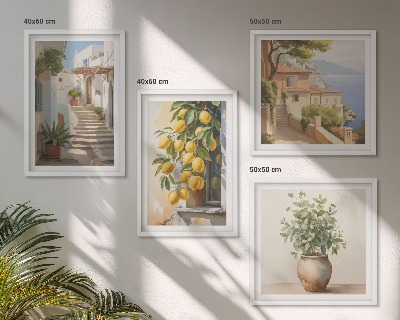 Set of 4 wall art pieces Plants in pots, lemons, street