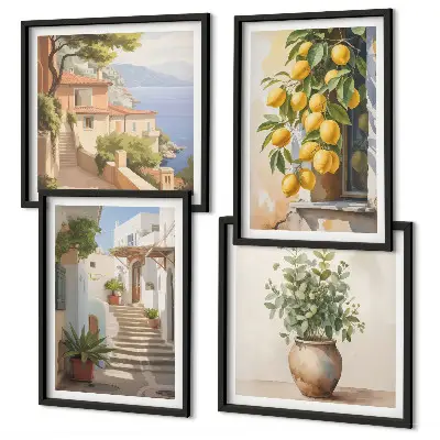 Set of 4 wall art pieces featuring potted plants, lemons, and street scenes