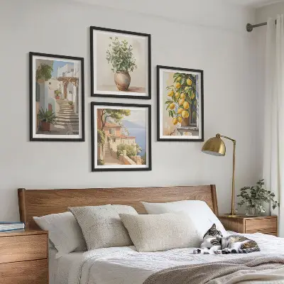 Set of 4 wall art pieces featuring potted plants, lemons, and street scenes