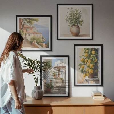 Set of 4 wall art pieces Plants in pots, lemons, street