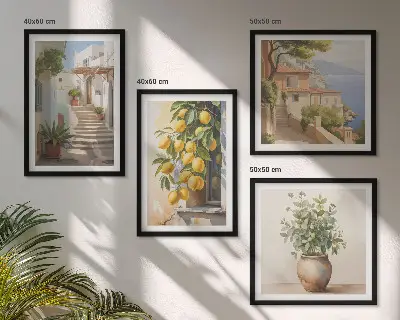 Set of 4 wall art pieces featuring potted plants, lemons, and street scenes