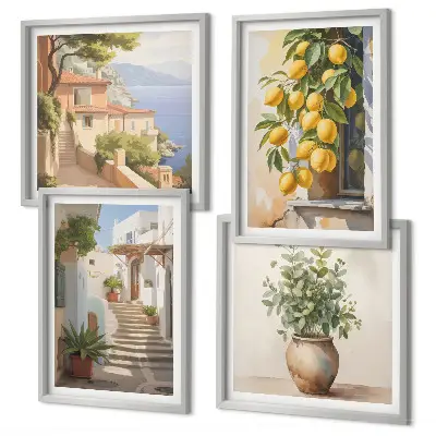 Set of 4 wall art pieces featuring potted plants, lemons, and street scenes