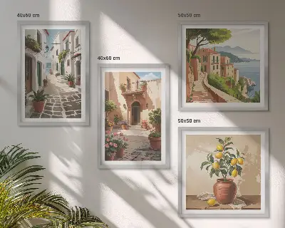 Multi-piece wall decor set featuring streets, houses, plants, and pots